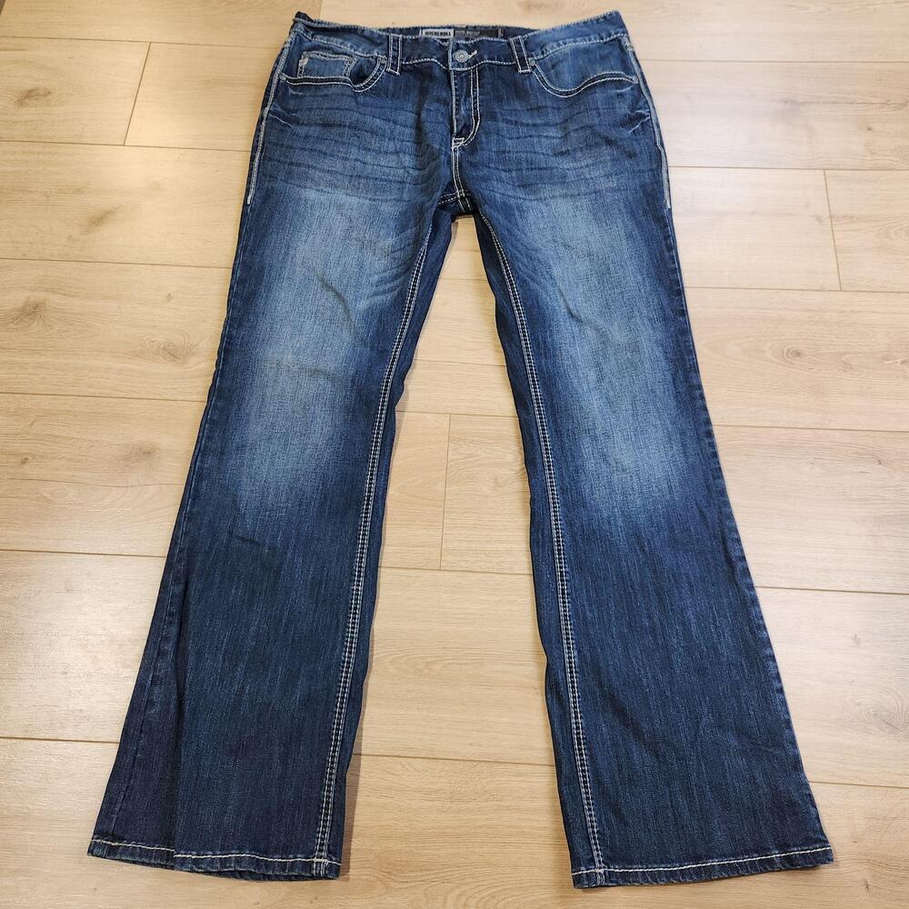 Rock & Roll Cowboy Pistol Bootcut Jeans Mens 38x34 Blue Stretch Denim Casual